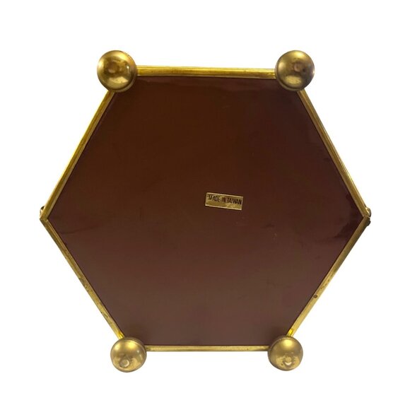 Vtg Brass and Glass Painted Owls on Branch Hexagon Curio Box Mirrored Bottom - Picture 7 of 7